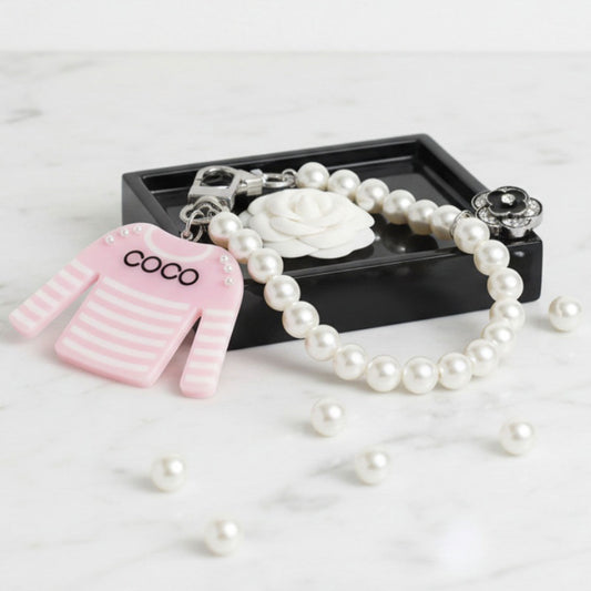 Keychain Pink White Stripe COCO Shirt Pearl Clip