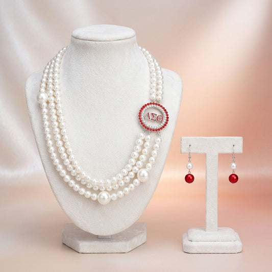 DST Sorority White Pearl Long Brooch Necklace