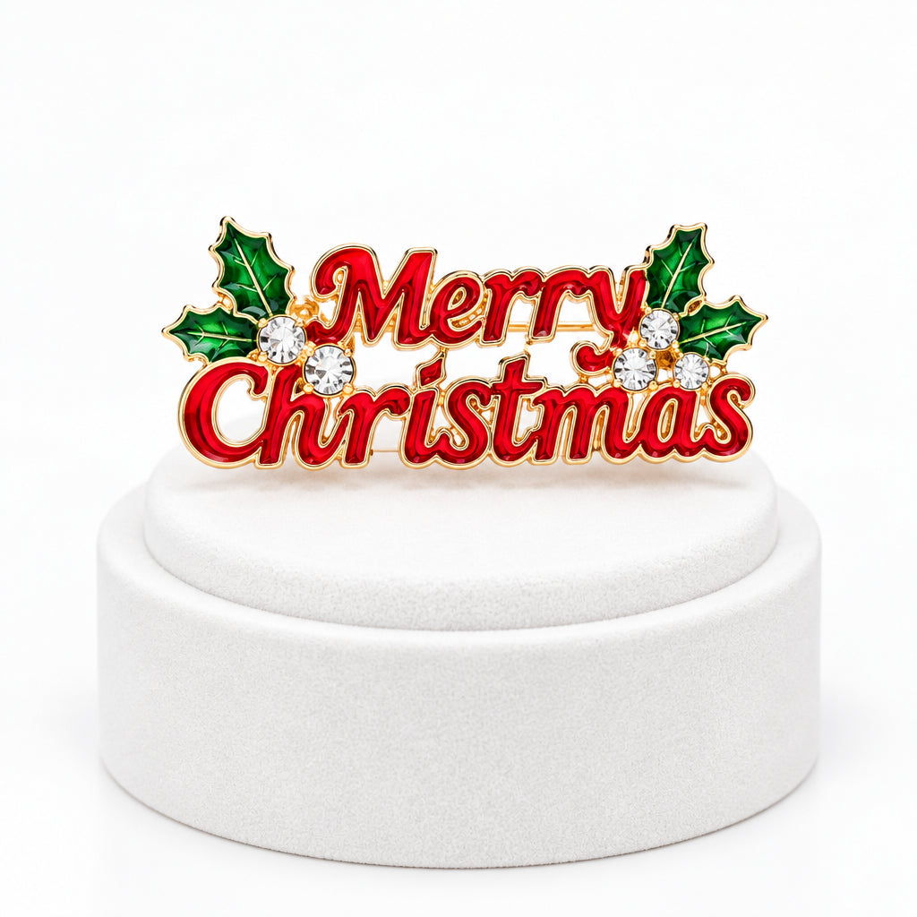 Brooch Red Merry Christmas Holly Silver Pin