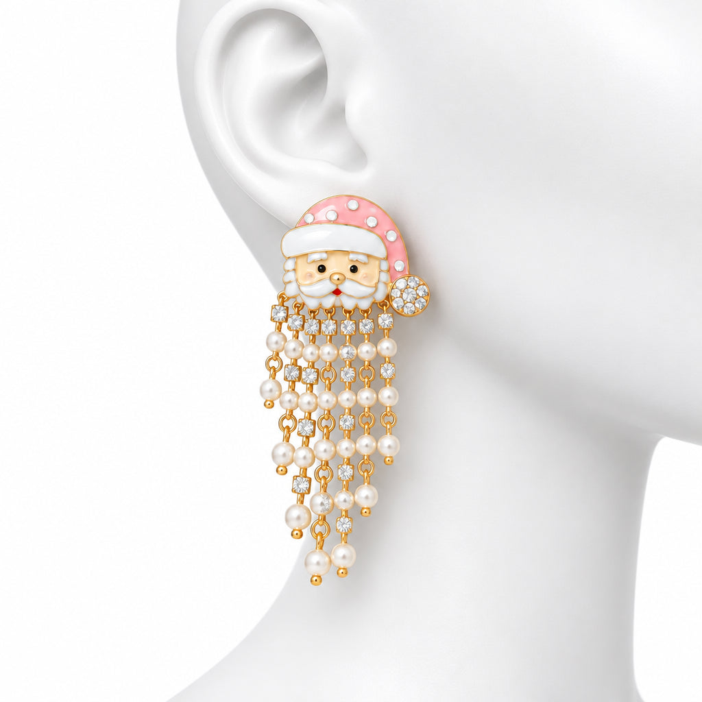 Fringe Merry Pink Santa Pearl Bead Gold Earrings