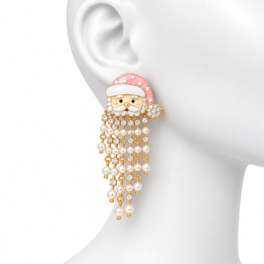 Fringe Merry Pink Santa Pearl Bead Gold Earrings