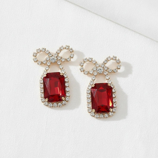 Dangle Date Night Red Crystal Sparkle Bow Earrings