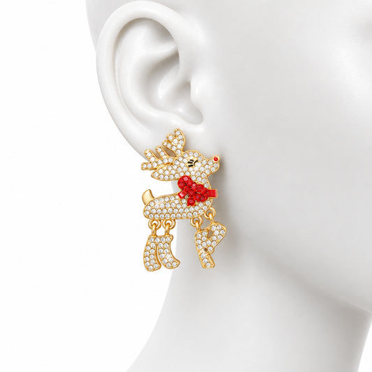 Dangle Adorable Reindeer Glam Xmas Gold Earrings