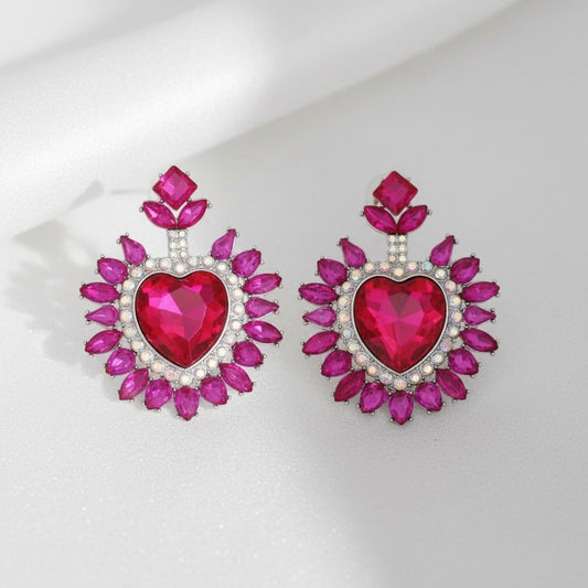 Stud Fuchsia Pink Crystal and Glass Heart Earrings
