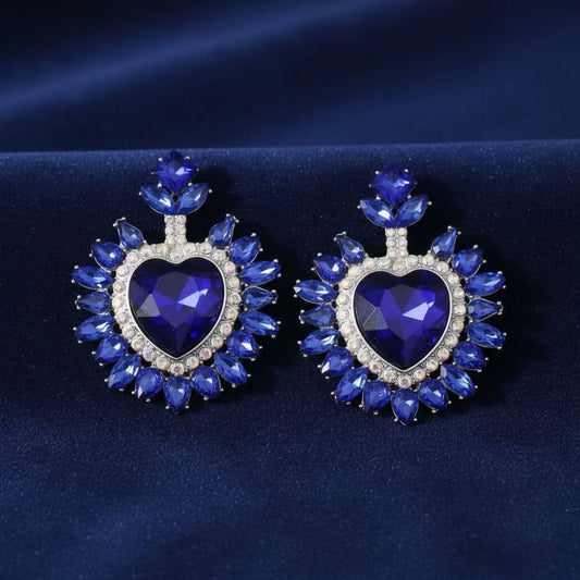 Stud Royal Blue Crystal and Glass Heart Earrings