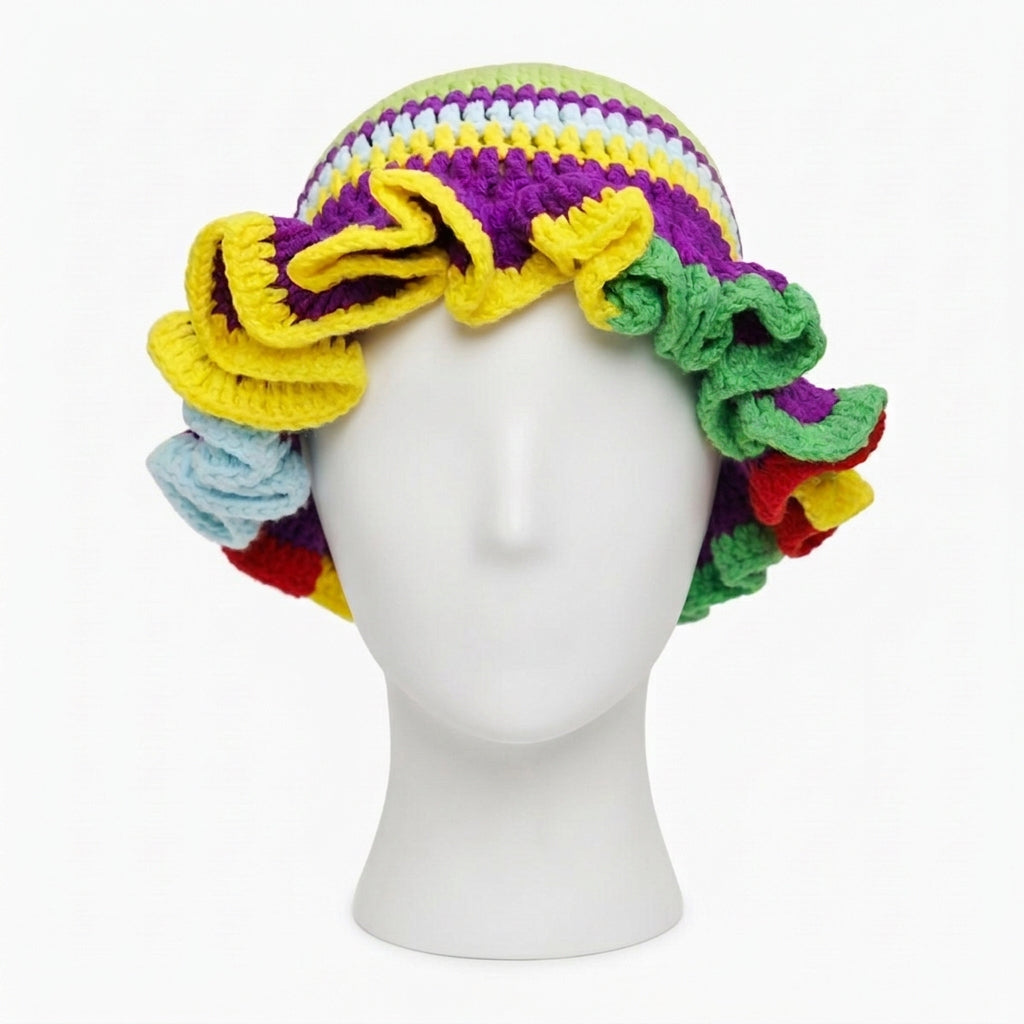 Mardi Gras Crochet Multicolor Ruffle Bucket Hat Women