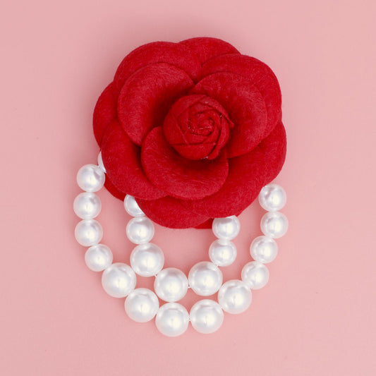 Red Flower Draped Pearls Brooch Pin