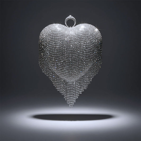 Clutch Silver Rhinestone Fringe Heart Hardcase Bag