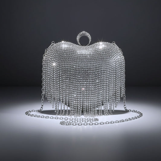 Clutch Silver Rhinestone Fringe Heart Hardcase Bag