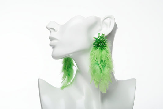 Green Beaded Cluster Long Feather Drop Earrings