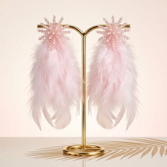 Pink Beaded Cluster Long Feather Drop Earrings