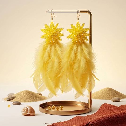 Yellow Beaded Cluster Long Feather Drop Earrings