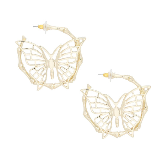 Hoop Dimensional Butterfly Gold Bamboo Earrings