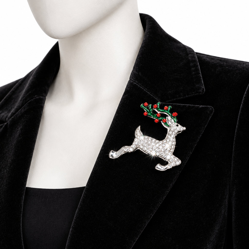 Brooch Leaping Xmas Reindeer Glittery Silver Pin
