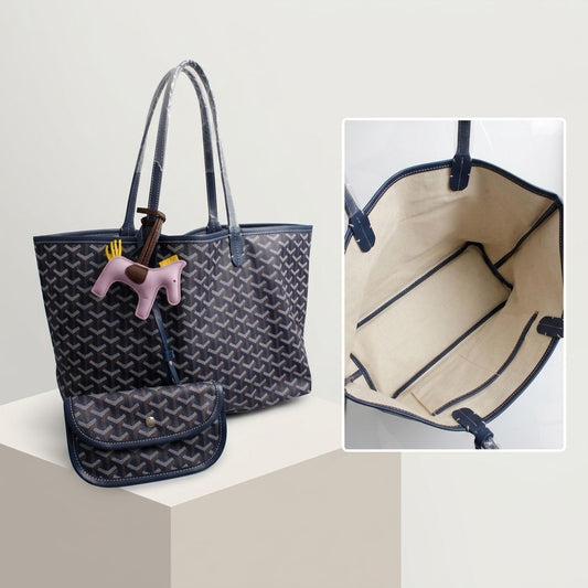 Navy Geometric Chevron Print Tote and Pouch Set