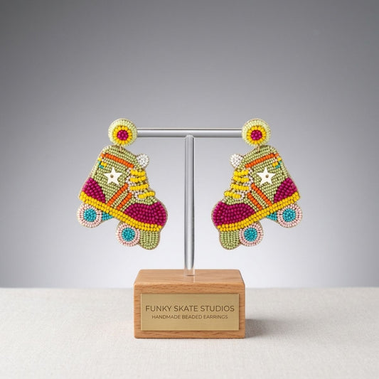 Drop Retro Roller Skate Green Pink Bead Earrings